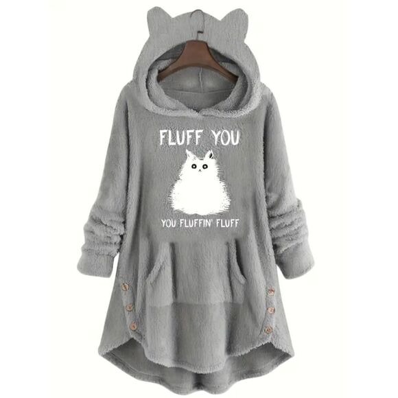 NWT 2X Grey White Cat YOU FLUFFING FLUFF Teddy Hoodie Kangaroo Pocket Sweatshirt - Picture 1 of 11